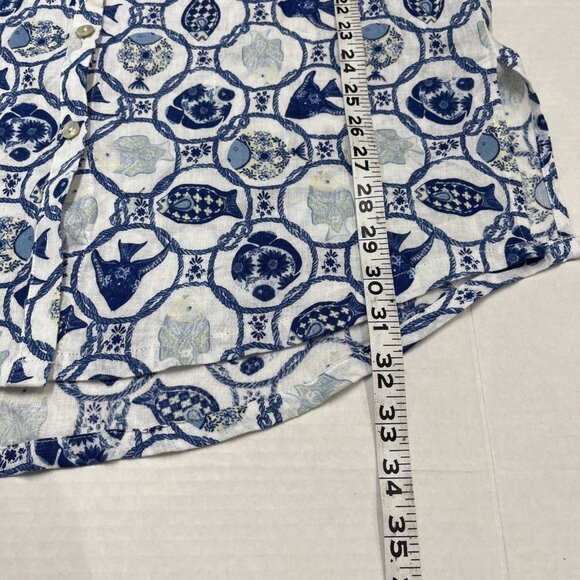 Isaac Mizrahi New York Top Womens M Blue Fish Print Linen Blend Button Shirt - Picture 7 of 8